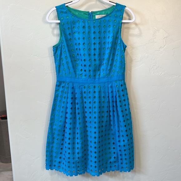 LOFT Turquoise Eyelet A-line dress - Picture 2 of 5